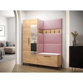 Předsíňová stěna Předsíňová stěna s botníkem a čalouněnými panely ANDORA 5 - dub zlatý / růžová