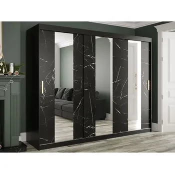 Šatní skříň Šatní skříň 250 cm se zrcadlem a šuplíky CARSON 4 - černý mramor / černá / zlatá
