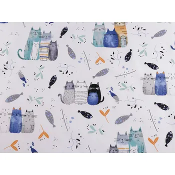 Bavlněná látka / plátno kočky, střední, 4 1000t bílá modrá