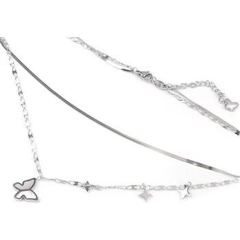 Náramek Náhrdelník z nerezové oceli dvojitý motýl s perletí, střední, stříbrná