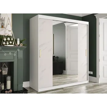 Šatní skříň Šatní skříň 180 cm se zrcadlem a šuplíky CARSON 3 - bílý mramor / bílá / zlatá