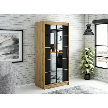 Šatní skříň Zrcadlová skříň s posuvnými dveřmi LURDES 6 - šířka 100 cm, dub artisan / černá