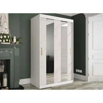 Šatní skříň Úzká šatní skříň 120 cm se zrcadlem CARSON 1 - bílý mramor / bílá / zlatá