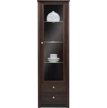 Policová skříň Úzká vitrína se šuplíky FRIDLEY - dub sonoma čokoláda + LED osvětlení ZDARMA