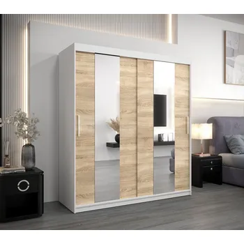 Šatní skříň Skříň s posuvnými dveřmi KARIN - šířka 180 cm, bílá / dub sonoma