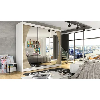 Šatní skříň Prostorná šatní skříň se zrcadlem Jumbo - šířka 250 cm, bílá/sonoma