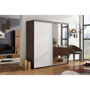 Šatní skříň Prostorná šatní skříň se zrcadlem 150/245 HUGO - čokoláda / bílá