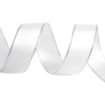 Stuha Atlasová stuha s lurexovým okrajem šíře 25 mm, střední, 201 bílá stříbrná
