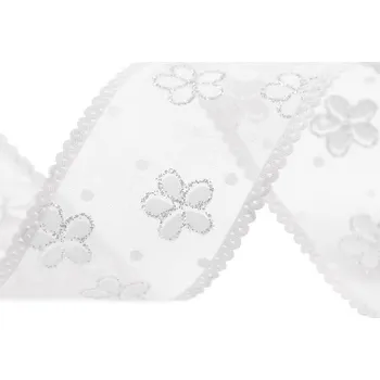 Stuha Organzová stuha s květy a glitry šíře 40 mm, střední, 1 bílá