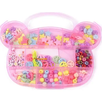 Dětské navlékací korálky Sada korálků s pruženkou v boxu mušle, jednorožec, medvídek, velké, 5 mix růžová sv. medvěd