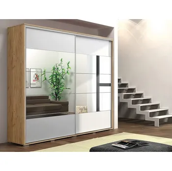 Šatní skříň Zrcadlová šatní skříň 200/245 FERNANDO - dub craft zlatý / bílá