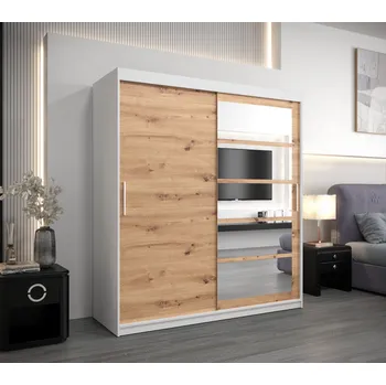 Šatní skříň Skříň s posuvnými dveřmi MICHALELA - šířka 180 cm, bílá / dub artisan