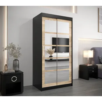 Šatní skříň Šatní skříň se zrcadly ALENA - šířka 100 cm, černá / dub sonoma