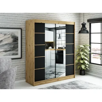 Šatní skříň Zrcadlová skříň s posuvnými dveřmi LURDES 6 - šířka 180 cm, dub artisan / černá