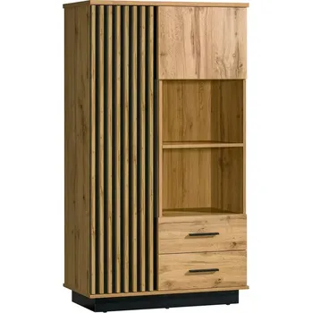 Policová skříň Vitrína se šuplíky CATAWBA - dub wotan / černá