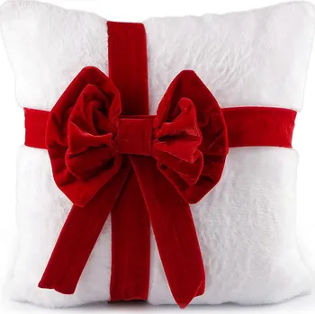 Povlak na polštářek Vánoční plyšový povlak na polštář s mašlí 40x40 cm, střední, bílá červená