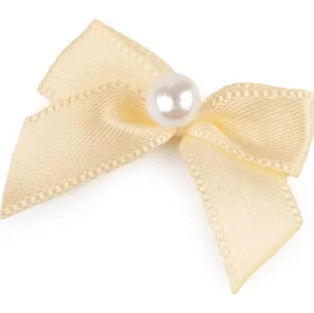 Saténová mašlička s perlou 30x35 mm, střední, 4 krémová