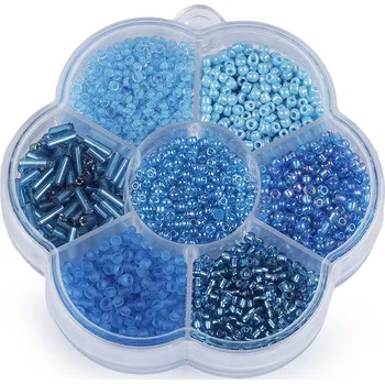 Dětské navlékací korálky Sada skleněných rokajlů v boxu, střední, 6 mix modrá