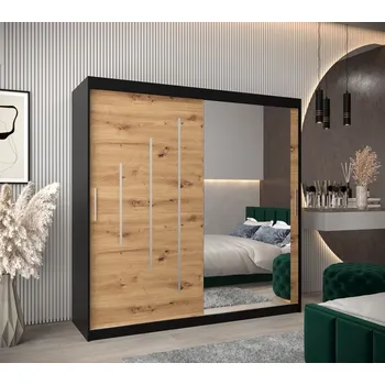 Šatní skříň Šatní skříň se zrcadlem HANAH - šířka 200 cm, černá / dub artisan