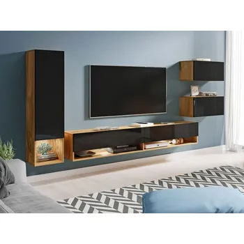 Obývací stěna Obývací stěna YASMIN - lesklá černá / dub wotan