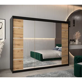 Šatní skříň Skříň se zrcadly VIVIEN - šířka 250 cm, černá / dub artisan