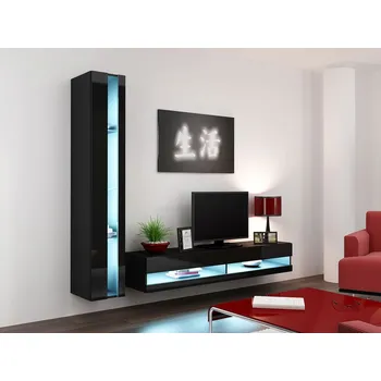 Obývací stěna Stěna do obývacího pokoje s LED modrým osvětlením ASHTON N8 - černá / lesklá černá
