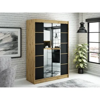 Šatní skříň Zrcadlová skříň s posuvnými dveřmi LURDES 6 - šířka 120 cm, dub artisan / černá