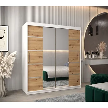 Šatní skříň Skříň se zrcadly VIVIEN - šířka 180 cm, bílá / dub artisan