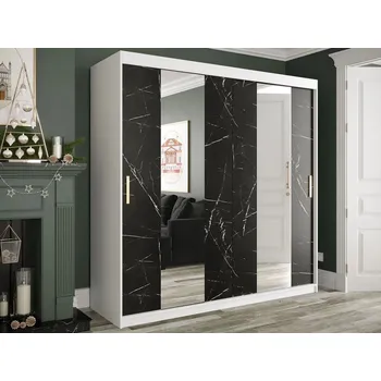Šatní skříň Šatní skříň 200 cm se zrcadlem CARSON 1 - černý mramor / bílá / zlatá