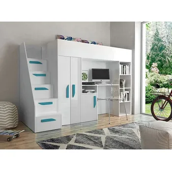 Dětská postel Zvýšená multifunkční postel 90x200 GRACLA - bílá / lesklá bílá / tyrkysová