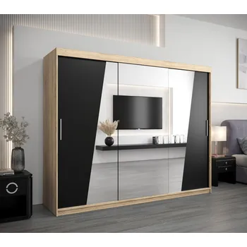 Šatní skříň Skříň s posuvnými dveřmi GABRIELA - šířka 250 cm, dub sonoma / černá