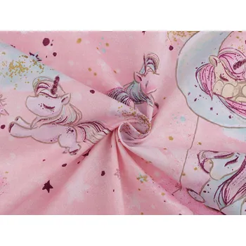 Bavlněná látka / plátno se zlatotiskem jednorožec, střední, 3 (593) růžová sv.