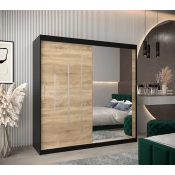 Šatní skříň Šatní skříň se zrcadlem HANAH - šířka 200 cm, černá / dub sonoma
