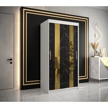 Šatní skříň Designová šatní skříň se zlatým zrcadlem MADLA 4 - šířka 100 cm, bílá / černá