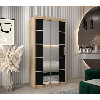 Šatní skříň Skříň se zrcadly VIVIEN - šířka 100 cm, dub sonoma / černá