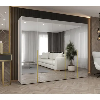 Šatní skříň Zrcadlová šatní skříň 250 cm BUGRA - bílá / zlatá