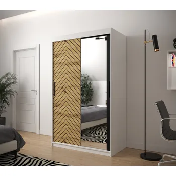 Šatní skříň Skříň s grafikou a zrcadlem JANETTE 3 - šířka 120 cm, bílá / dub artisan