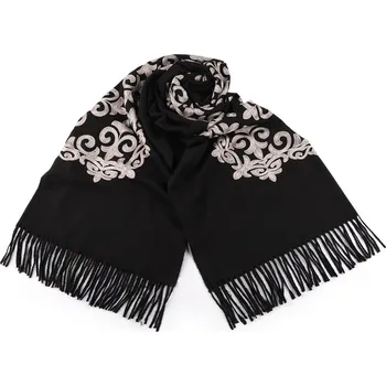 Šátek / šála vlněná s třásněmi, výšivka 70x185 cm, střední, 3 černá