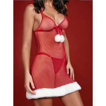 Dámská noční košile Sinsay - Vánoční tylová noční košilka s kožíškovým lemem - červená - 881EO-33X - 881EO-33X-XL