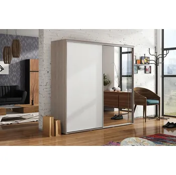 Šatní skříň Prostorná šatní skříň se zrcadlem 100/215 HUGO - dub sonoma / bílá