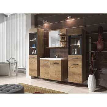 Koupelnový nábytek Koupelnová stěna s umyvadlem a bílým LED osvětlením YUKO 1 - kaštan + sifon a baterie Economico ZDARMA