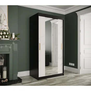 Šatní skříň Zrcadlová skříň s posuvnými dveřmi MAREILLE 2 - šířka 100 cm, černá / bílý mramor