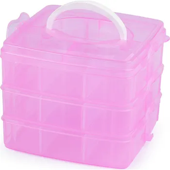 Plastový box / kufřík 3 patrový s rukojetí, střední, 2 růžová sv.