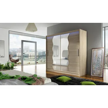 Šatní skříň Šatní skříň 180 cm se zrcadlem a LED osvětlením FLORENCIO 10 - dub sonoma