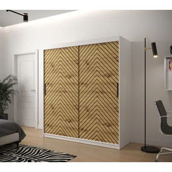 Šatní skříň Šatní skříň s grafikou JANETTE 2 - šířka 180 cm, bílá / dub artisan