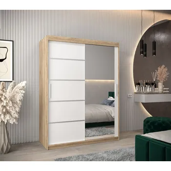 Šatní skříň Šatní zrcadlová skříň ADELA - 150 cm, dub sonoma / bílá
