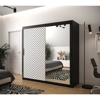 Šatní skříň Skříň s grafikou a zrcadlem JANETTE 3 - šířka 200 cm, černá / bílá