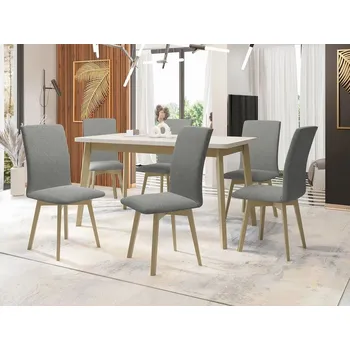 Jídelní stůl Moderní jídelní sestava 6+1 ADELBITE 10 - bílá / dub sonoma / šedá