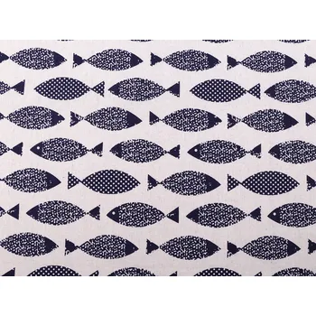 Bavlněná metráž / imitace lnu hrubší, ryby, střední, režná modrá