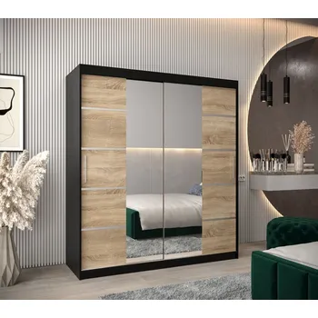 Šatní skříň Skříň se zrcadly VIVIEN - šířka 180 cm, černá / dub sonoma